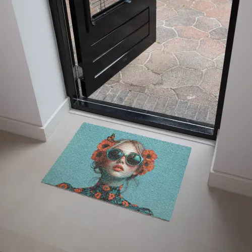 Vrouw - Blauw - Vlinder - Bloemen - Aesthetic Deurmat klein -sfeer5