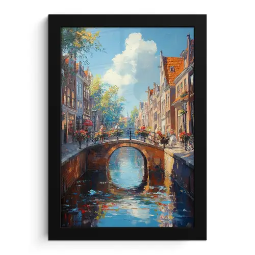 Stad - Gracht - Zon - Fietsen fotolijst zwart zonder passe partout klein -3d