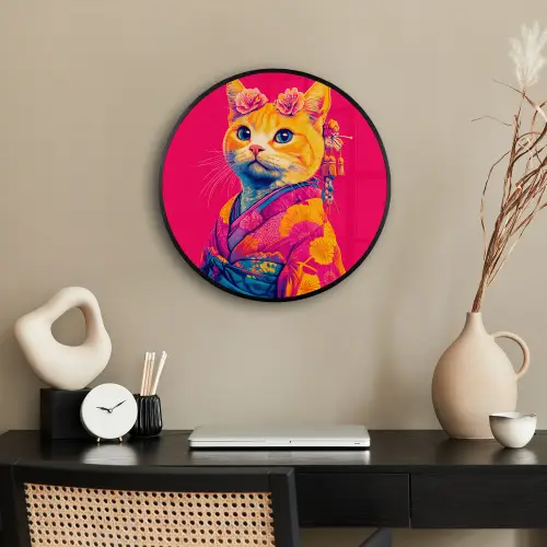 Kat - Kimono - Bloemen - Roze Fotolijst rond zonder passe partout klein -sfeer1