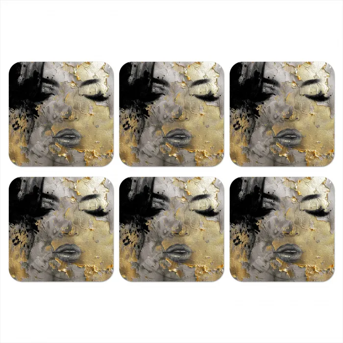 Vrouw - Kunst - Goud - Zwart onderzetter kurk middel -3d