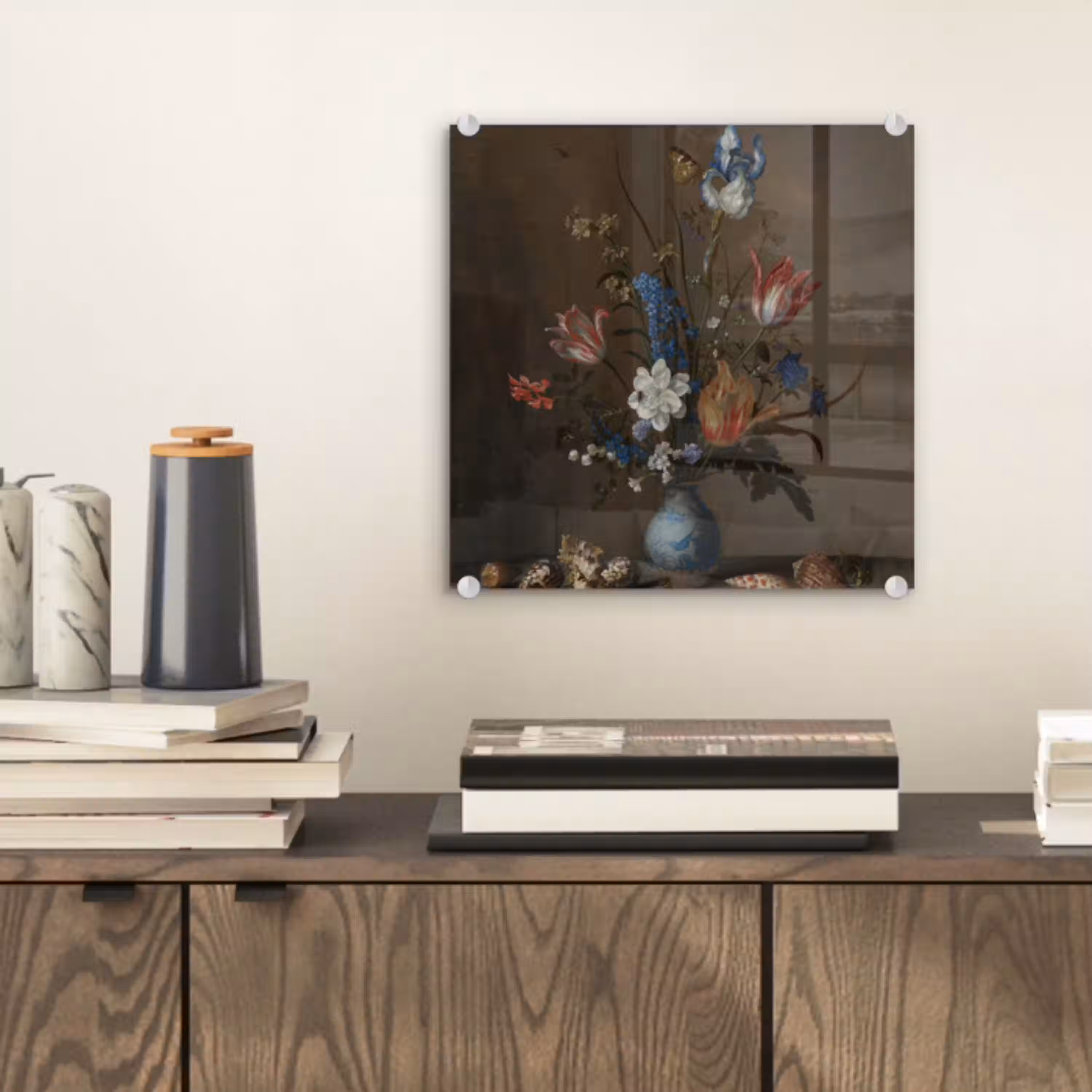 Bloemen in een Wan-Li vaas en schelpen - Schilderij van Balthasar van der Ast plexiglas 5mm klein -sfeer1