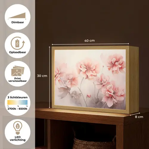 Bloemen - Roze - Kunst - Abstract - Aquarel Light Box met batterij (Wandlamp) middel -USP_websiteoverzichtNL