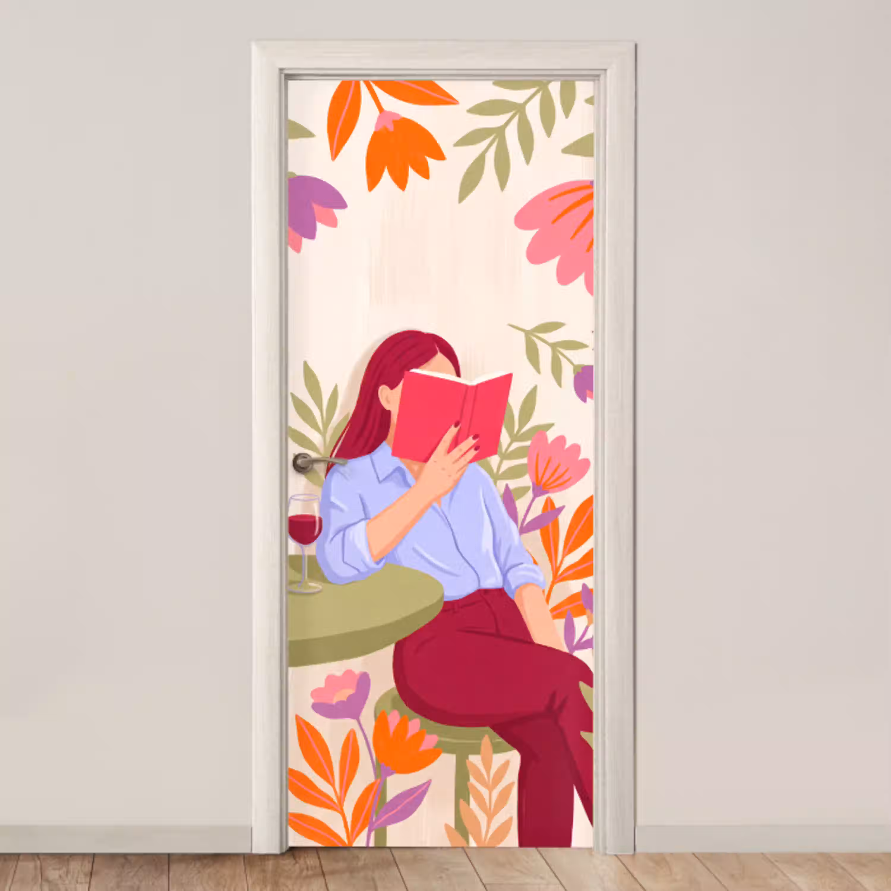 Vrouw - Lezen - Thuis - Modern - Bloemen deurposter klein -3d_beige