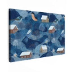 Huisjes - Vogels - Sneeuw - Winter - Blauw Tuinposter op houten frame 2 cm dik klein 845 -3d