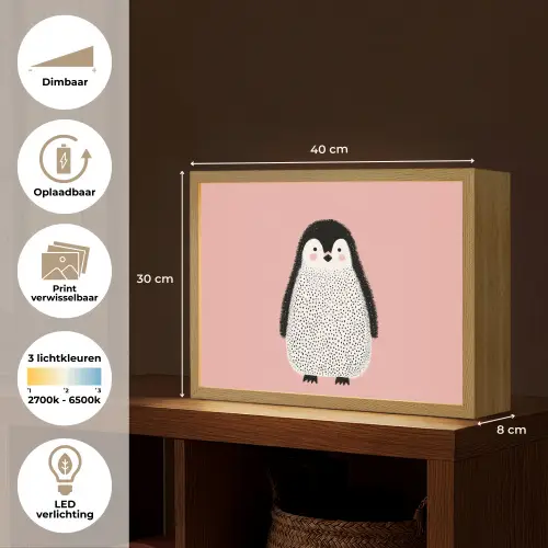 Pinguïn - Stippen - Minimalistisch - Roze Light Box met batterij (Wandlamp kind) middel -USP_websiteoverzichtNL