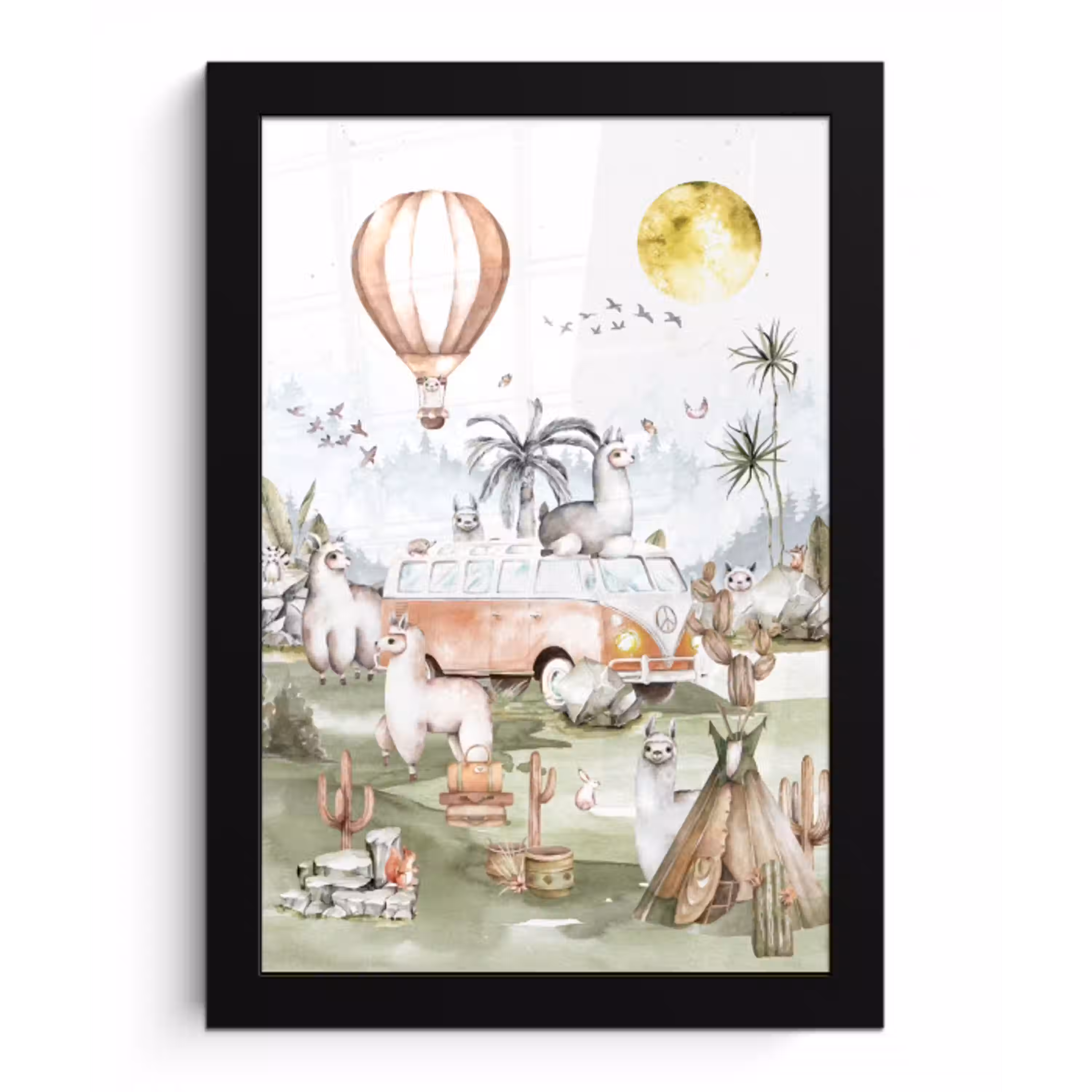 Alpaca - Dieren - Kinderen - Luchtballon - Kids fotolijst zwart zonder passe partout klein -3d