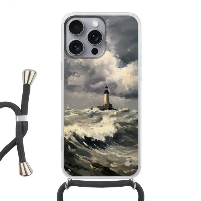 Vuurtoren - Golven - Storm Hoesje iPhone 16 Pro Max met koord klein -3d
