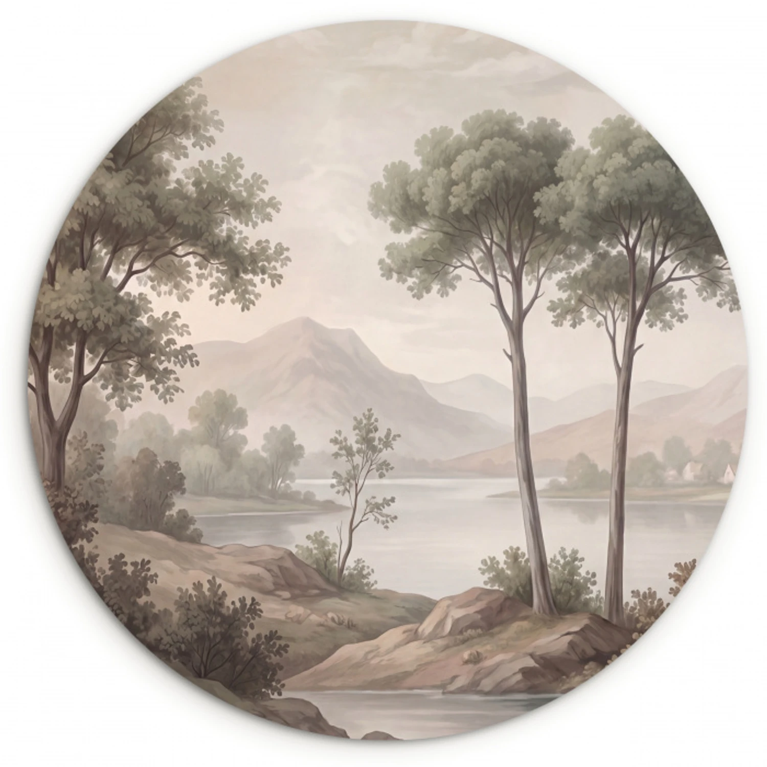 Bomen - Meer - Bergen - Illustratie Wandcirkel kunststof plaat 5mm dik klein -3d