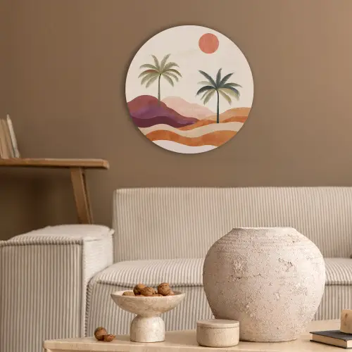Palmbomen - Abstract - Zon - Heuvels Akoestische PET Vilt - Rond klein -sfeer1