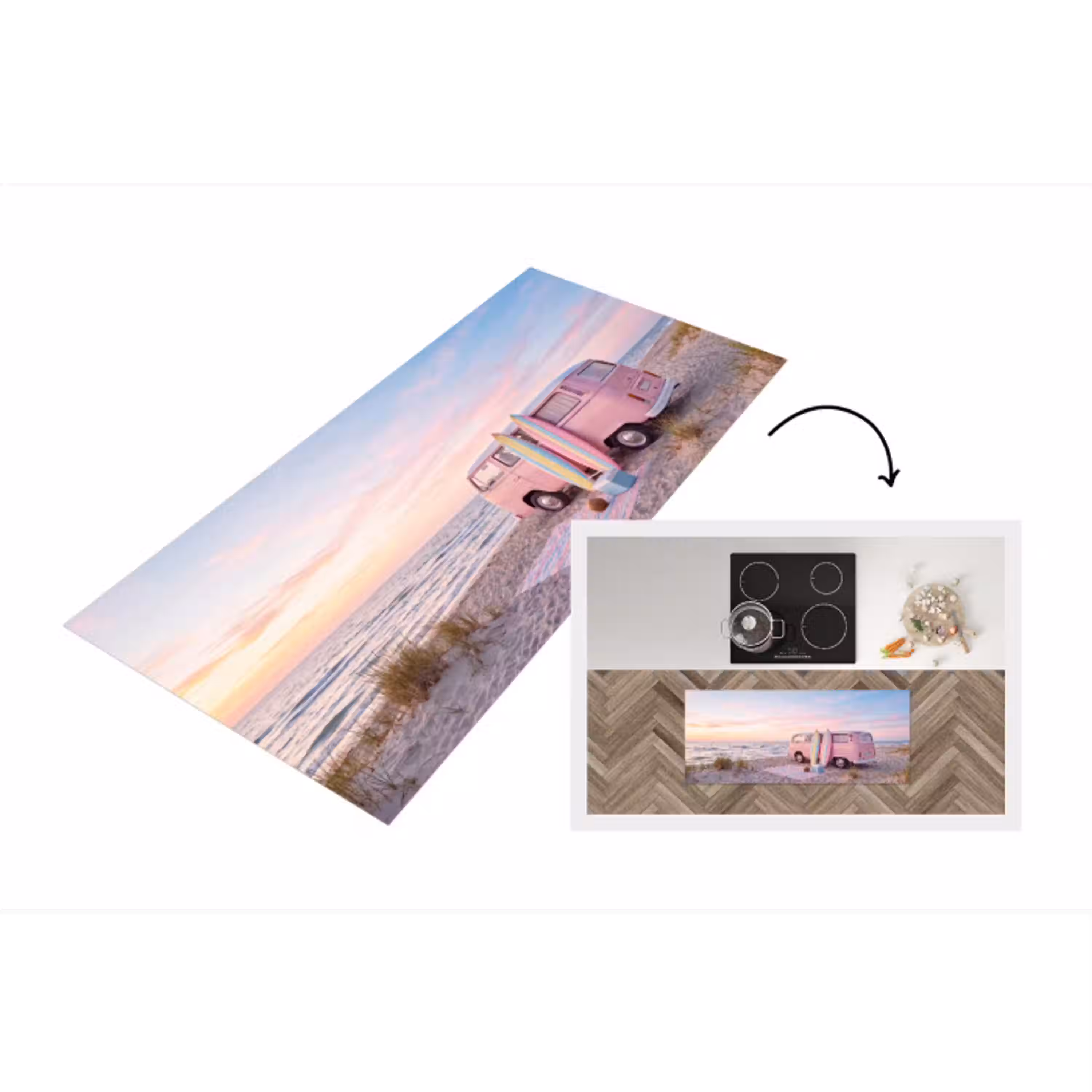 Busje - Strand - Surfplank - Zomer - Roze Keukenloper - keukenmat middel -3d