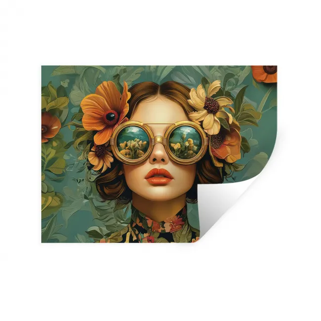 Muursticker - Vrouw - Bloemen - Vlinders - Natuur - Vintage