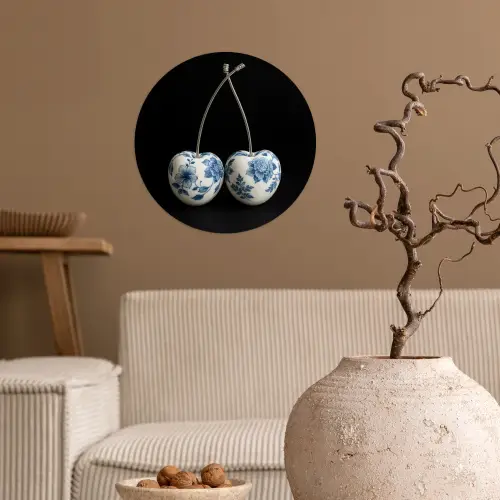 Kersen - Delfts blauw - Fruit Wandcirkel behangsticker klein -sfeer1