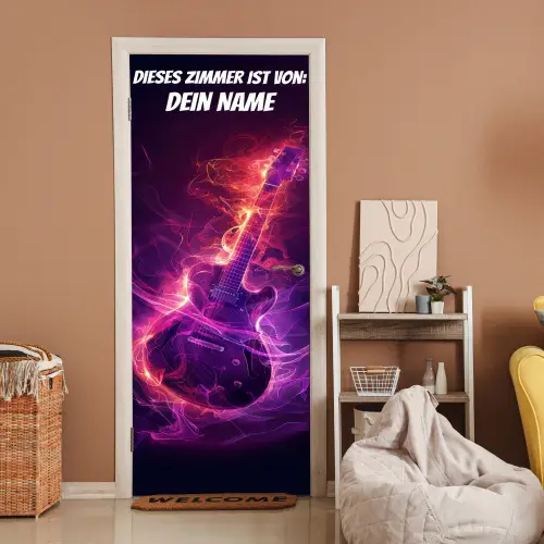 Leuchtende E-Gitarre im Neon-Stil mit personalisierbarem Namensfeld. deurposter klein -sfeer1