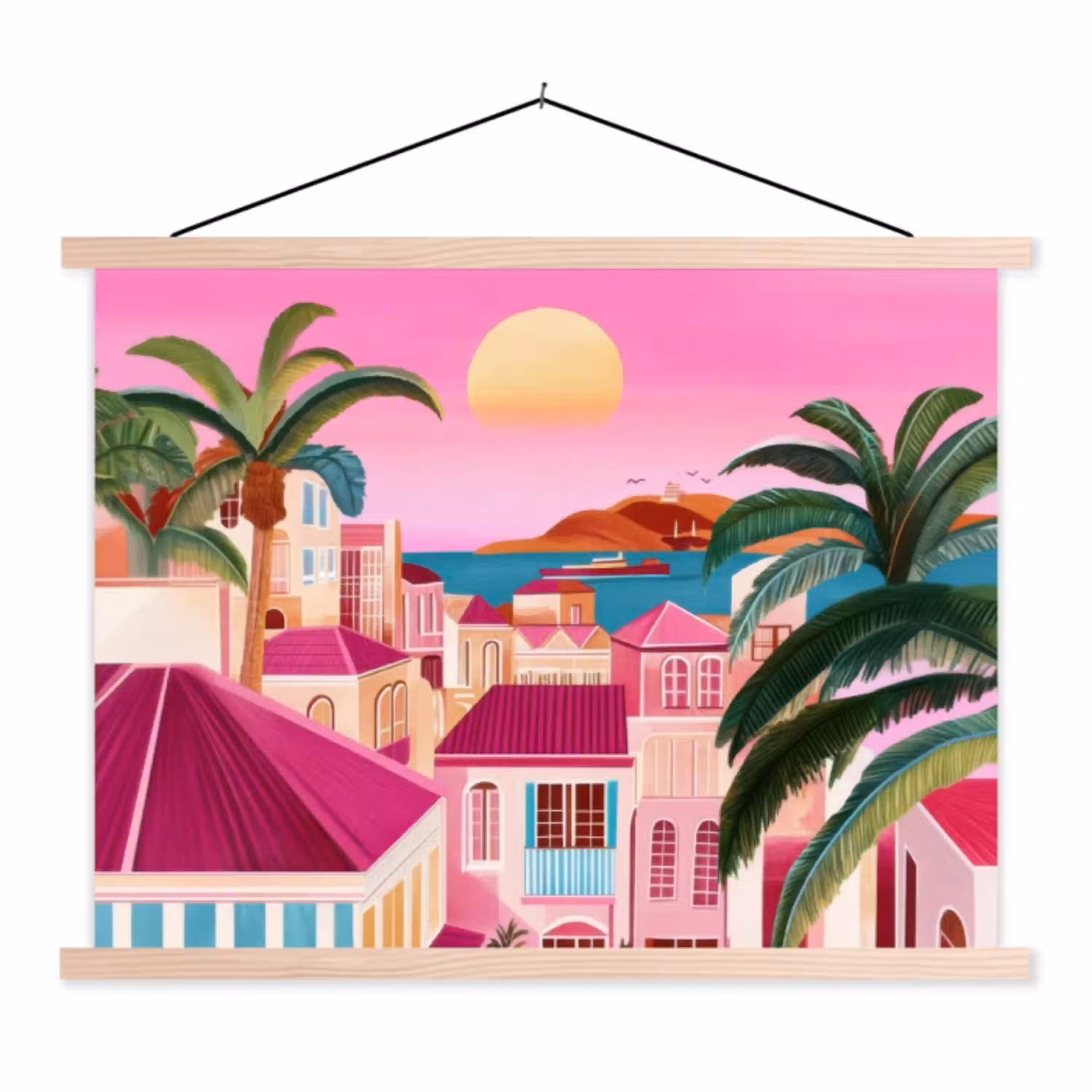 Stad - Roze - Palmbomen textielposter latten blank klein -3d