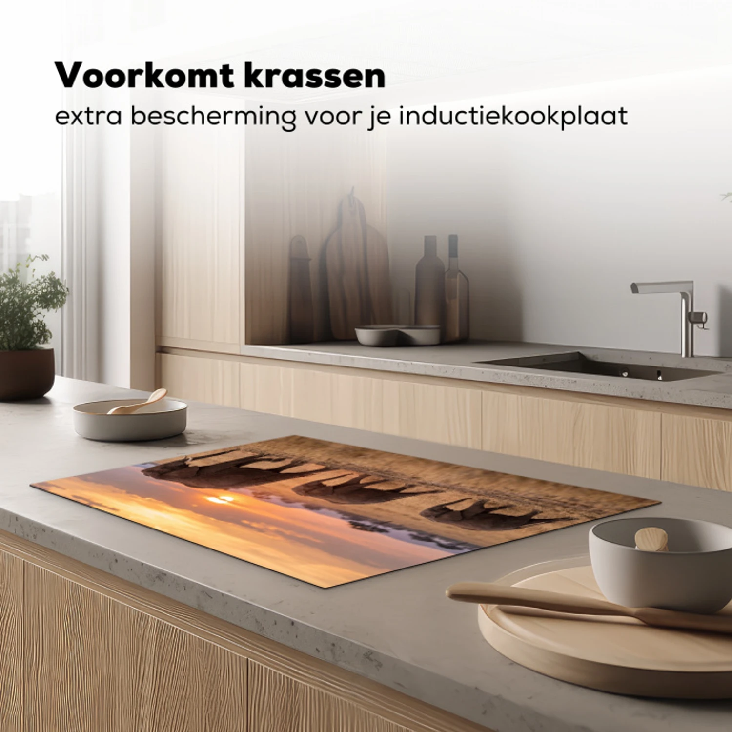 Olifanten - Savanne - Zonsondergang - Afrika - Warm Inductie beschermer vinyl 3mm klein -sfeer1