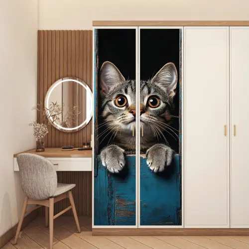Kat - Doorkijk - Hout - Dieren - Blauw deurposter klein -sfeer3