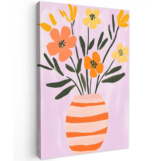 Vaas - Gestreept - Bloemen - Oranje Tuinposter op houten frame 2 cm dik klein -3d