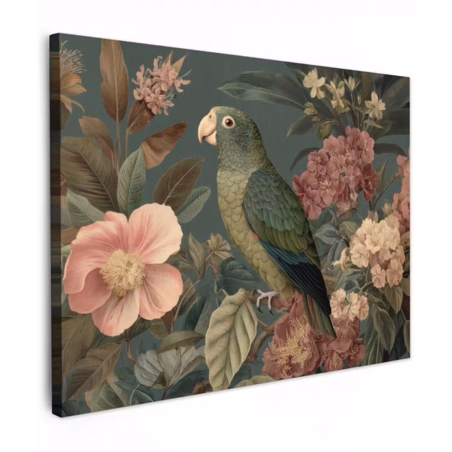 Leinwandbild - Grüner Papagei - Bunte Blumen - Dunkler Hintergrund