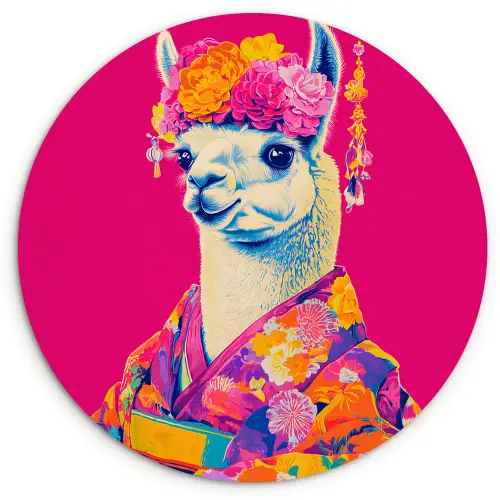 Lama - Kimono - Bloemenkrans - Felroze Wandcirkel kunststof plaat 5mm dik klein -3d