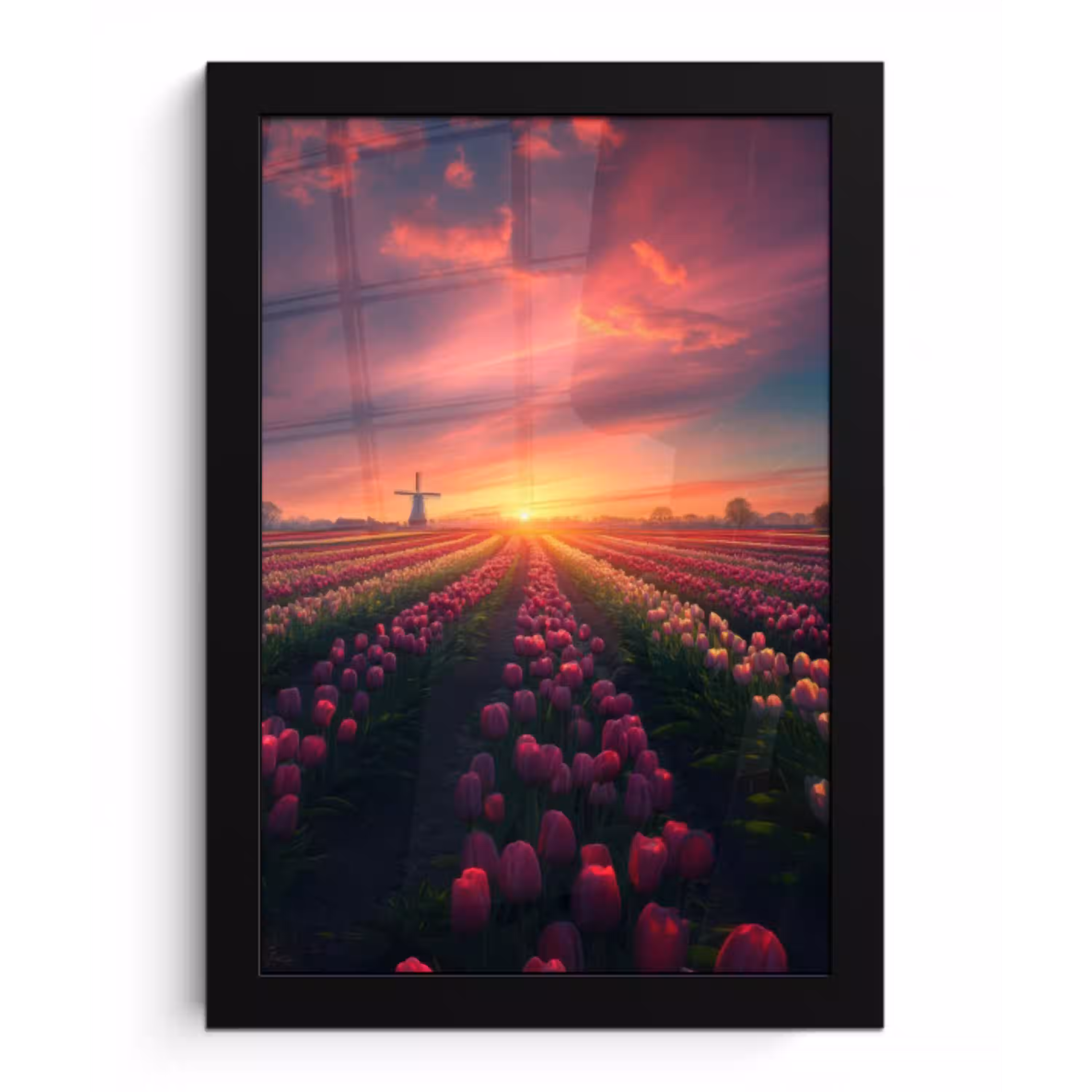 Windmolen - Zonsondergang - Landschap fotolijst zwart zonder passe partout klein -3d