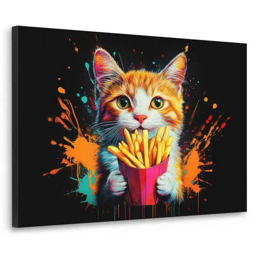 Kat - Eten - Patat - Graffiti - Abstract Textielframe zwart klein -3d