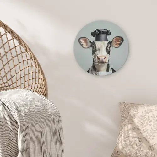 Koe - Zwart - Wit - Kok Akoestische PET Vilt - Rond klein -sfeer4