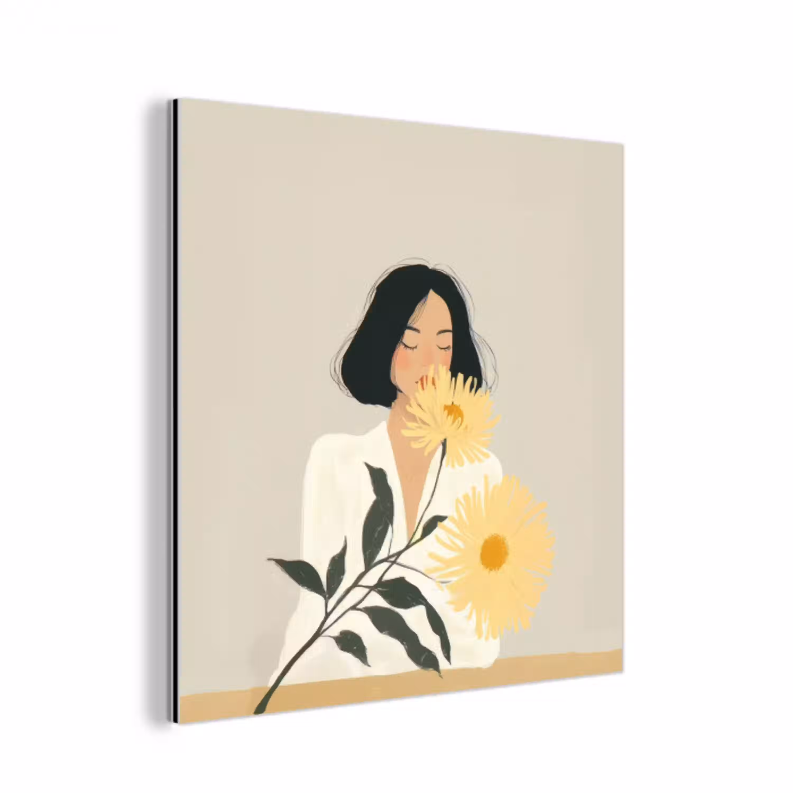 Vrouw - Bloem - Geel - Minimalistisch aluminium wit klein -3d