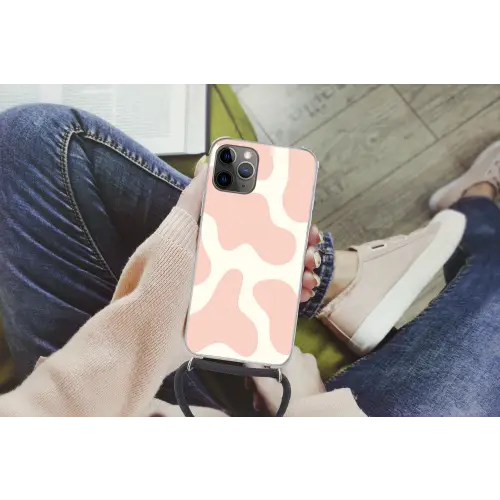 Vlekken - Wit - Roze - Patronen - Minimalistisch Hoesje iPhone 12 Pro met koord klein -hand