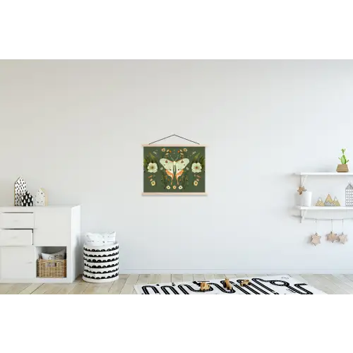 Bloemen - Bladeren - Olijfgroen - Vlinder textielposter latten blank klein -kinderkamer