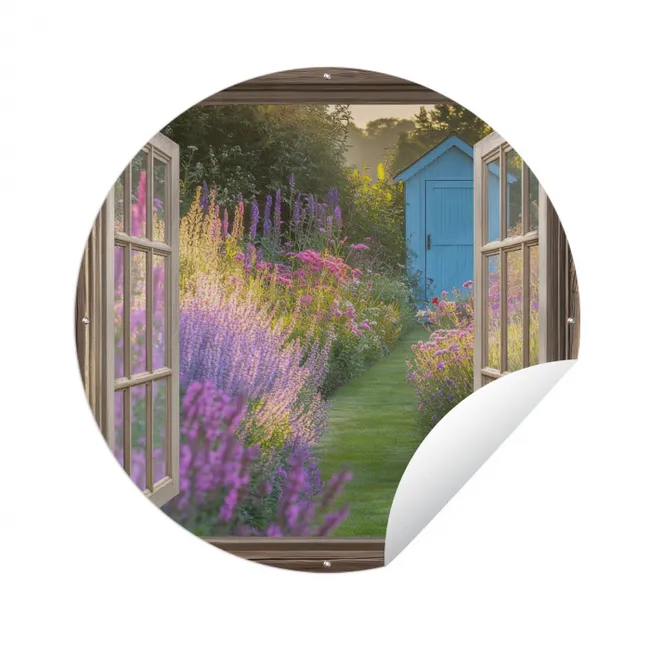 Doorkijk - Bloemen - Raam - Natuur Wandcirkel tuinposter met ringen klein -3d