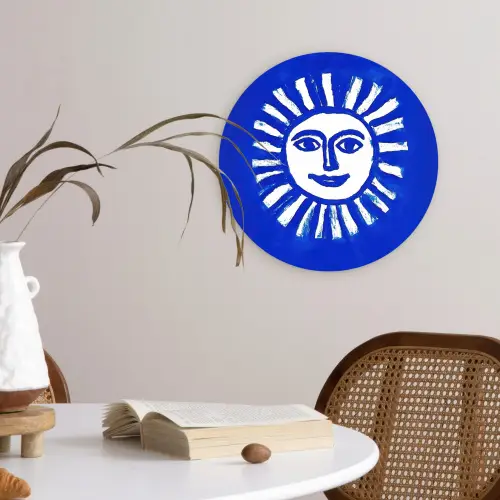 Zon - Gezicht - Penseelstructuur - Blauw Wandcirkel kunststof plaat 5mm dik klein -sfeer4