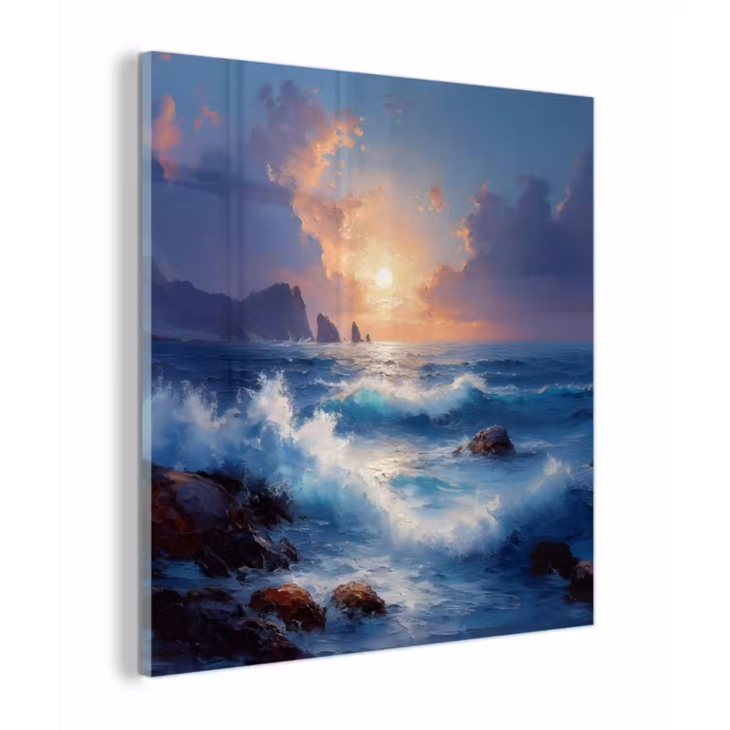 Glas schilderij - Golven - Zee - Kleurrijk - Rotsen