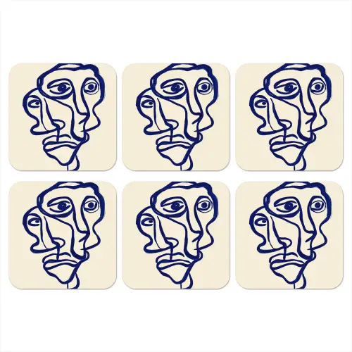 Lijntekening - Overlappende gezichten - Donkerblauw onderzetter kurk middel -3d