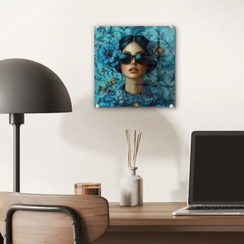 Vrouw - Bloemen - Vlinders - Blauw - Abstract plexiglas 5mm klein -sfeer6
