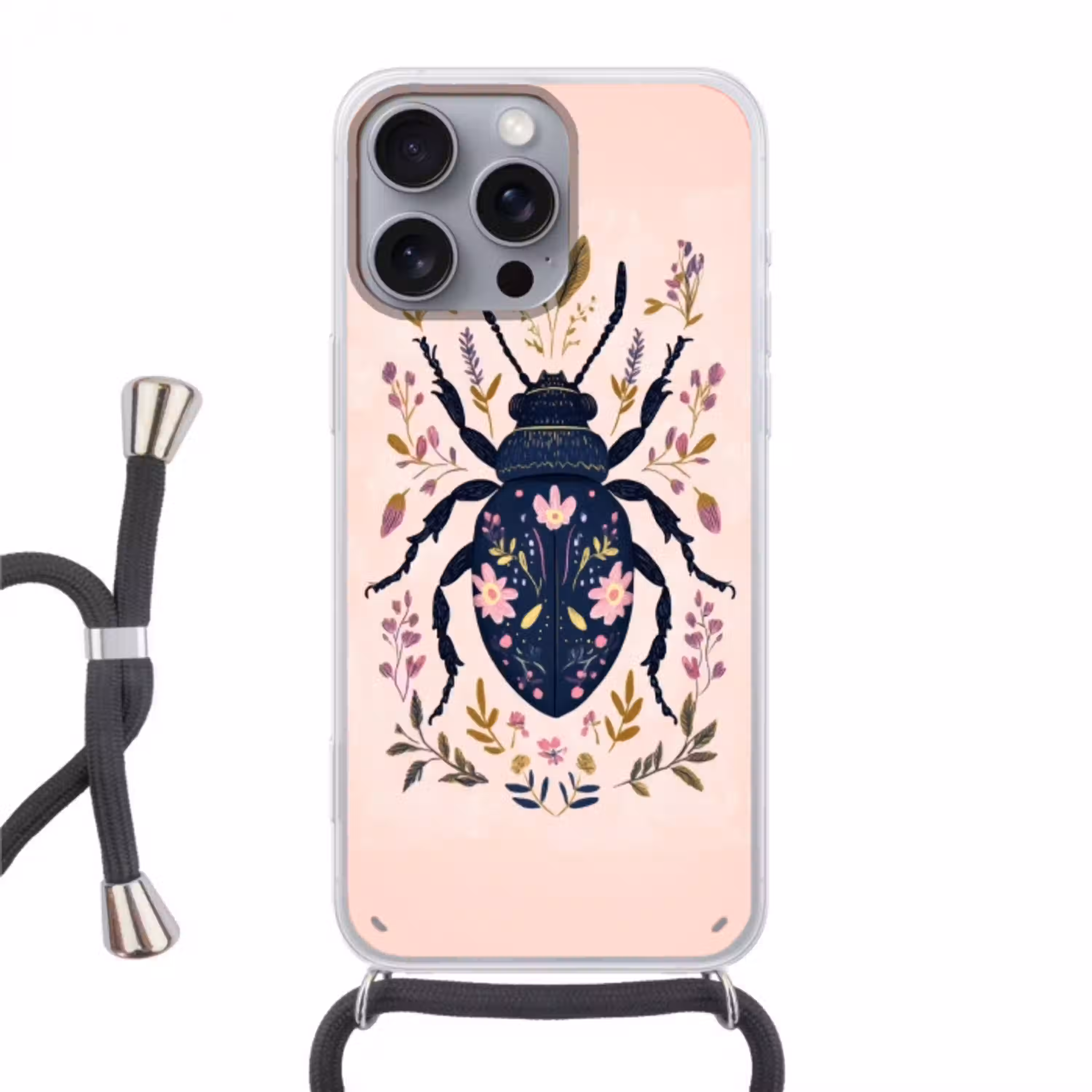 Donkerblauw - Kever - Bloemtakken - Sierlijk Hoesje iPhone 16 Pro Max met koord klein -3d