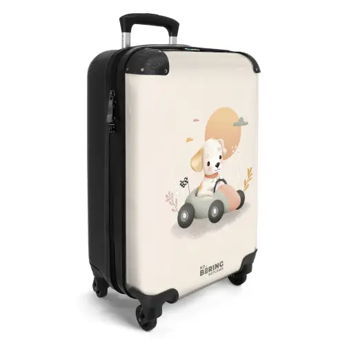 Puppy in een raceauto in beige kleuren NBS - Handbagage koffer - Kinderen Unisex middel -productfoto_3d