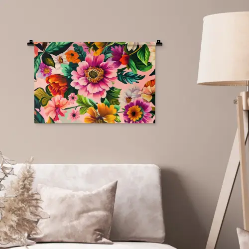 Bloemen - Kleurrijk - Roze Wandkleed katoen klein -sfeer4
