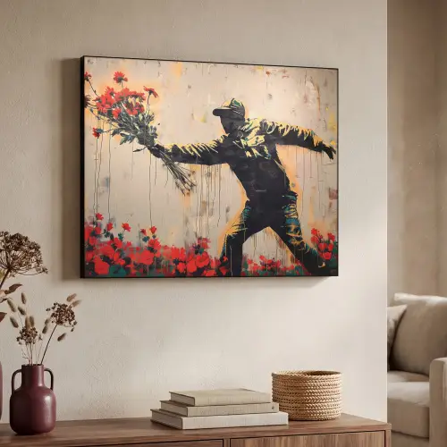 Street art - Man - Bloemen - Graffiti - Banksy Style Textielframe zwart klein -sfeer3