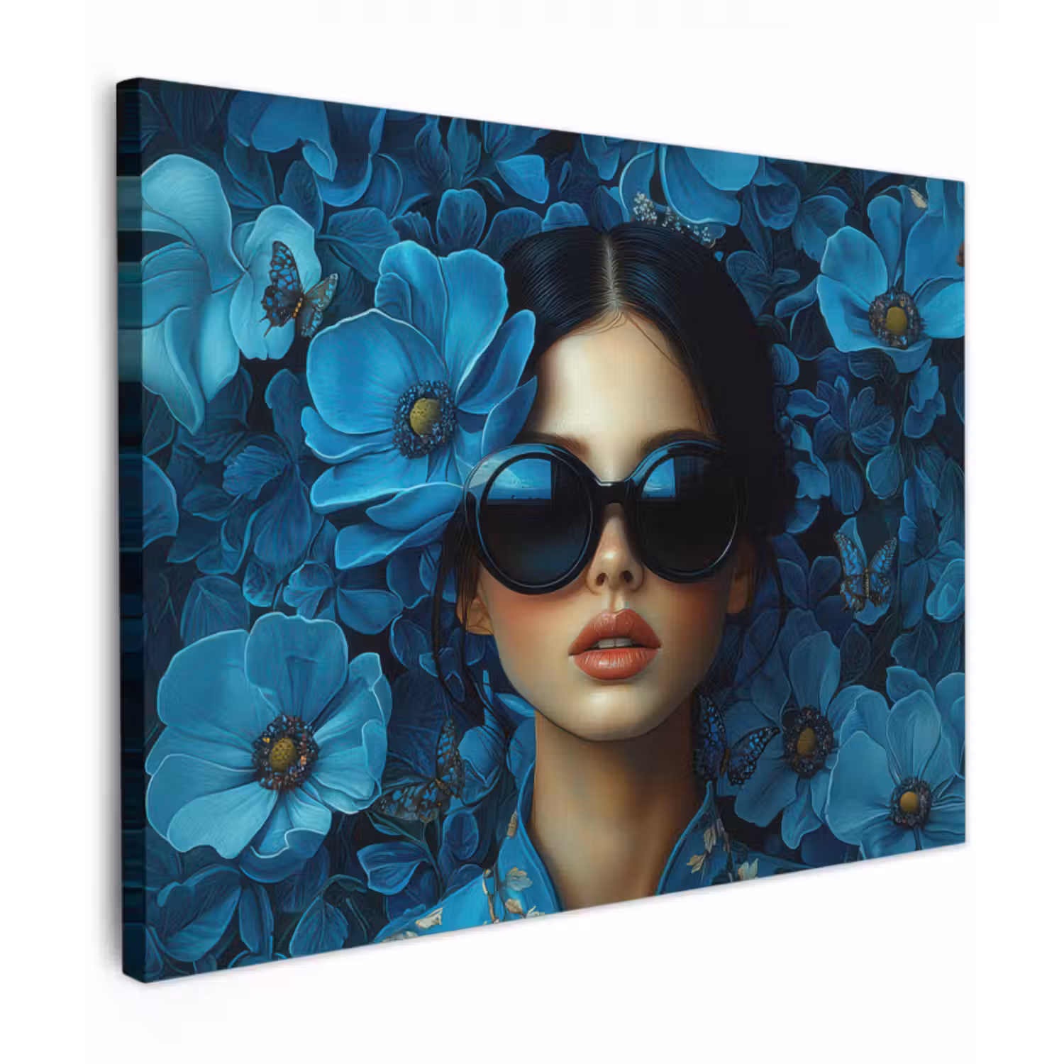 Leinwandbild - Frau - Blumen - Blau - Ästhetik - Luxus