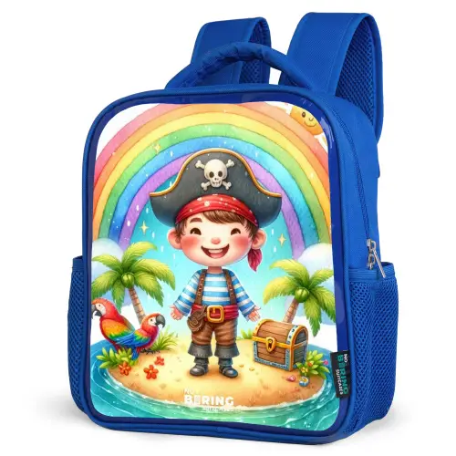 Piraat op een eiland met een schat Kinderrugzak - Blauw middel -schuin