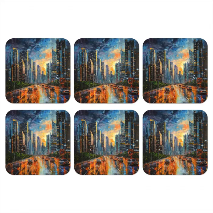 Auto - Skyline - Zon - Blauw onderzetter kurk middel -3d