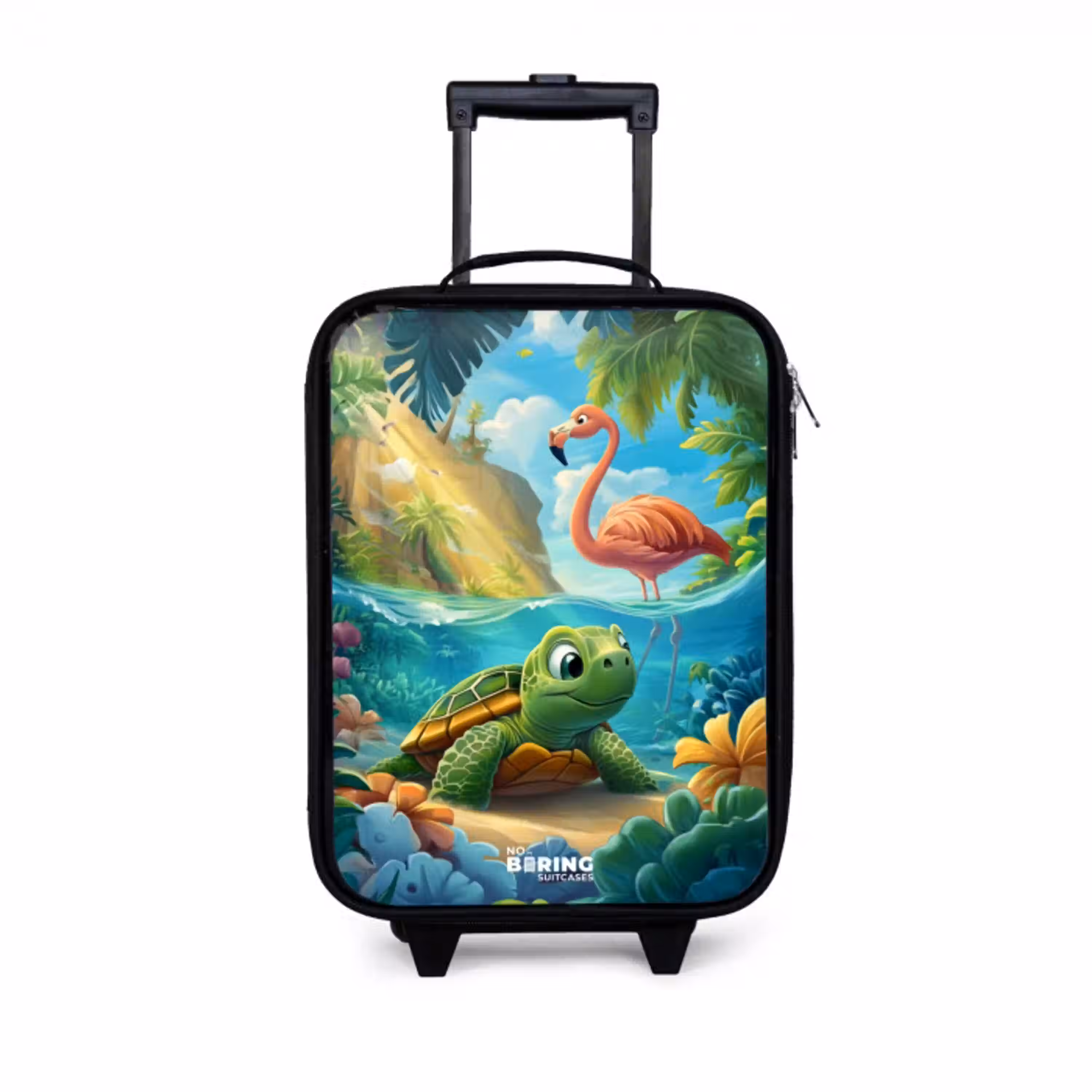 Schildpad in tropisch water met flamingo Kinderkoffer - Zwart klein -3d