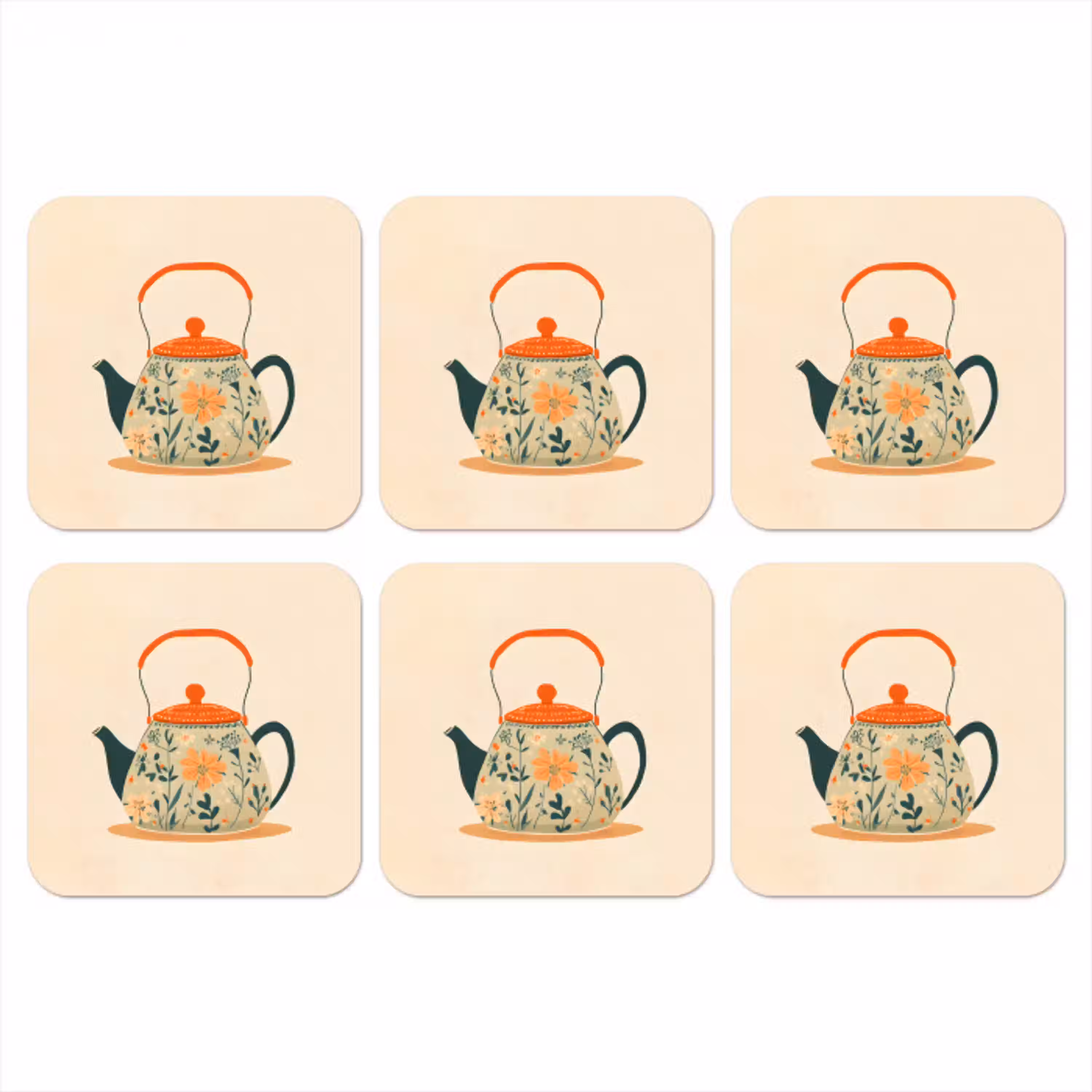 Oranje - Theepot - Bloemen - Bladeren onderzetter kurk middel -3d