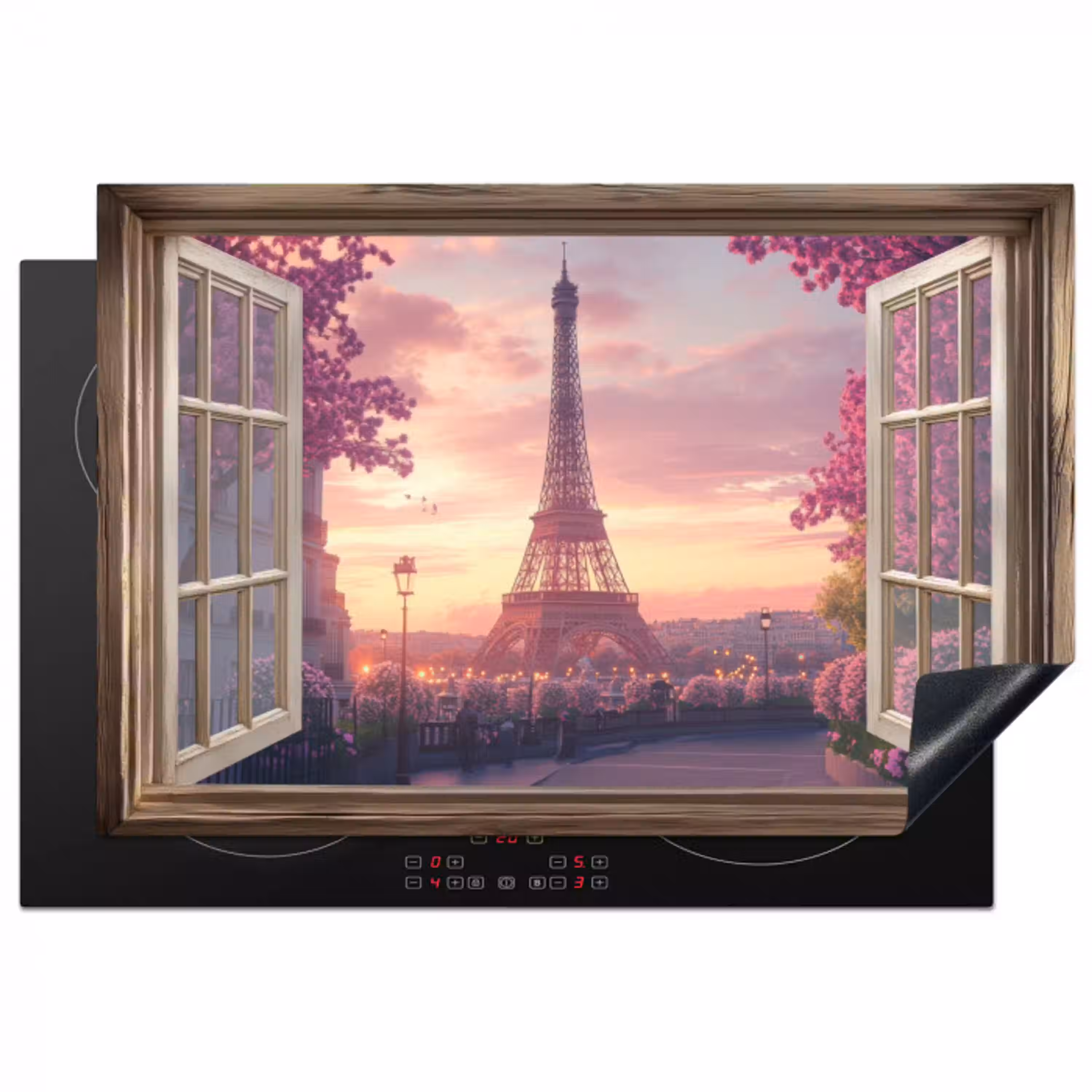 Doorkijk - Parijs - Eiffeltoren - Roze - Kersenbloesem Inductie beschermer vinyl 3mm klein -3d