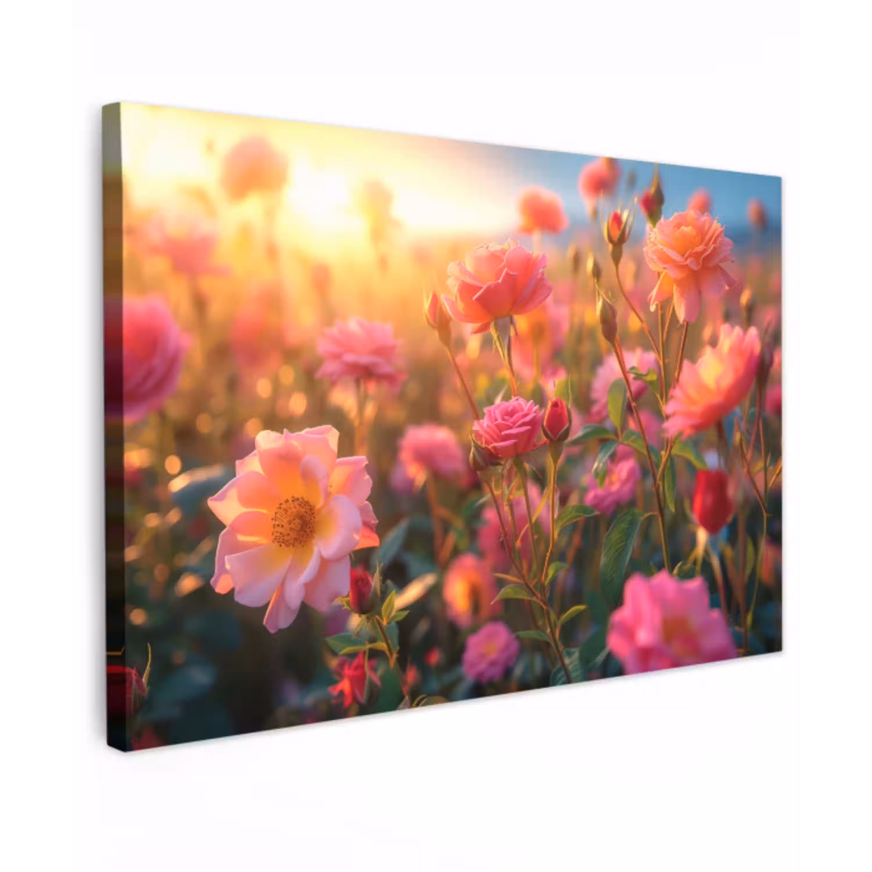 Rozenveld in gouden avondlicht Tuinposter op houten frame 2 cm dik klein -3d