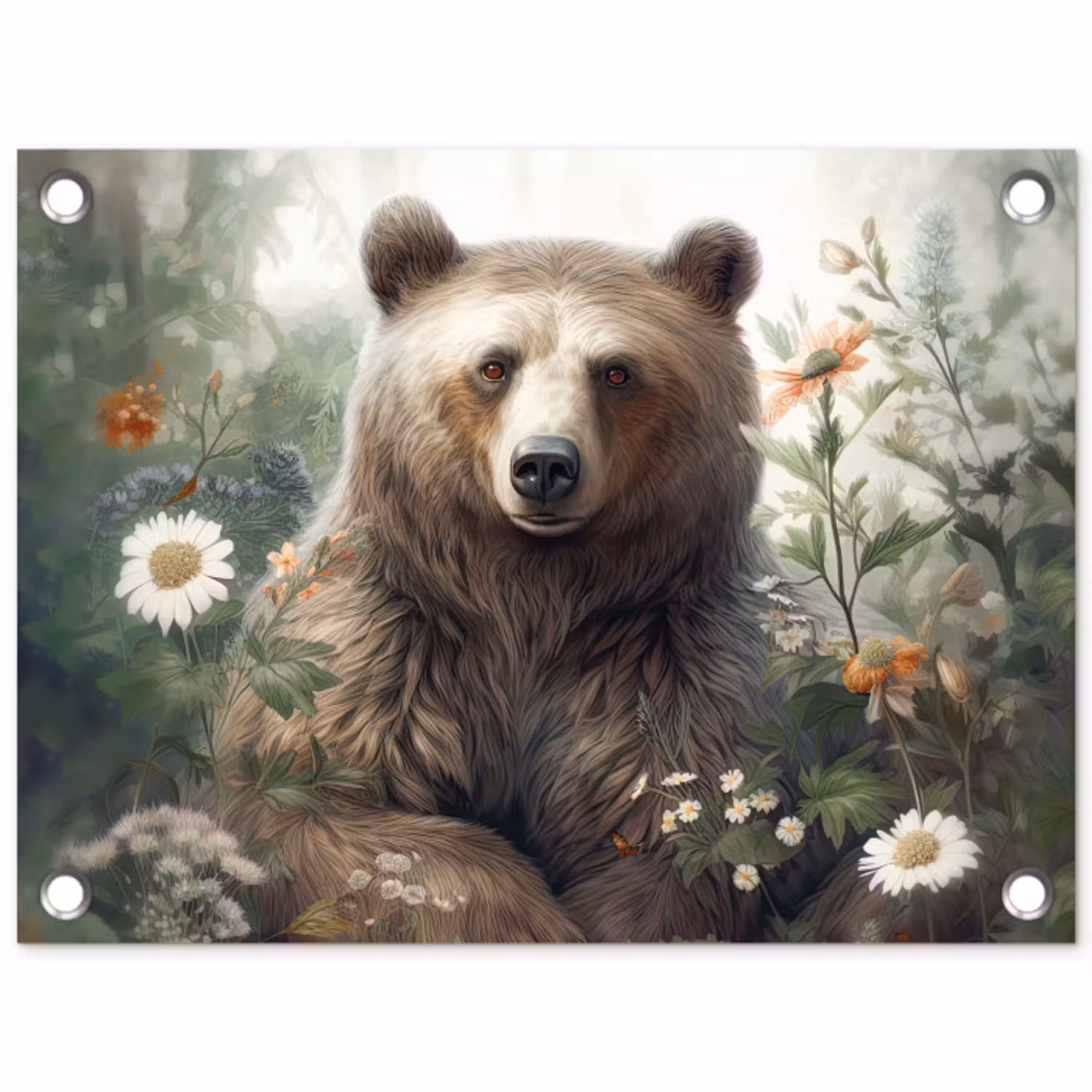 Bruine beer - Wilde dieren - Bloemen - Planten tuinposter los doek klein -3d