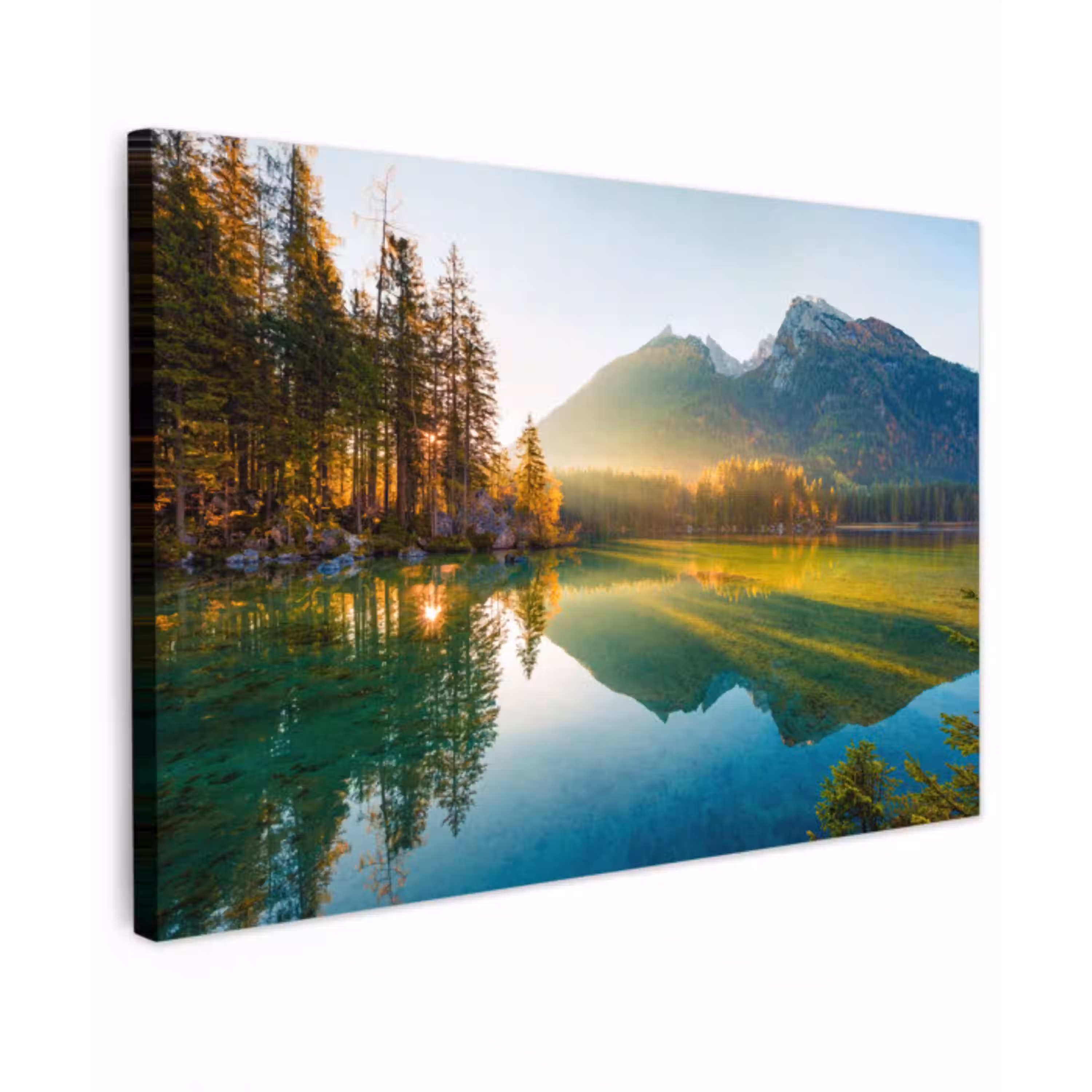 Meer - Bos - Bergen - Natuur - Zon - Landschap Tuinposter op houten frame 2 cm dik klein -3d