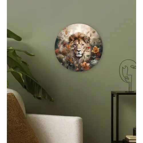 Leeuw - Wilde dieren - Planten - Natuur - Bloemen Wandcirkel kunststof plaat 5mm dik klein -sfeer3