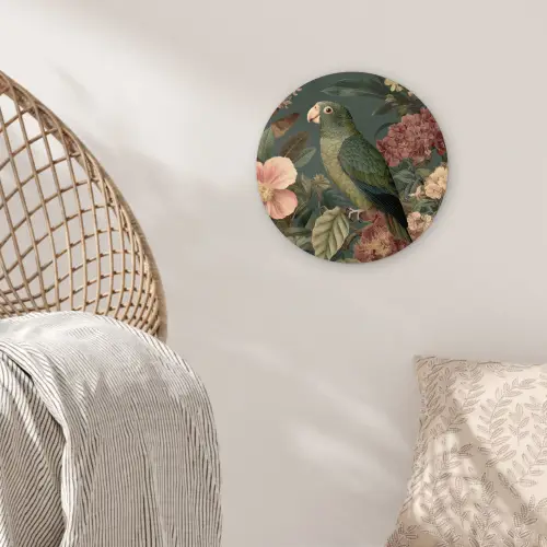 Groene papegaai - Kleurrijke bloemen - Donkere achtergrond Wandcirkel kunststof plaat 5mm dik klein -sfeer5