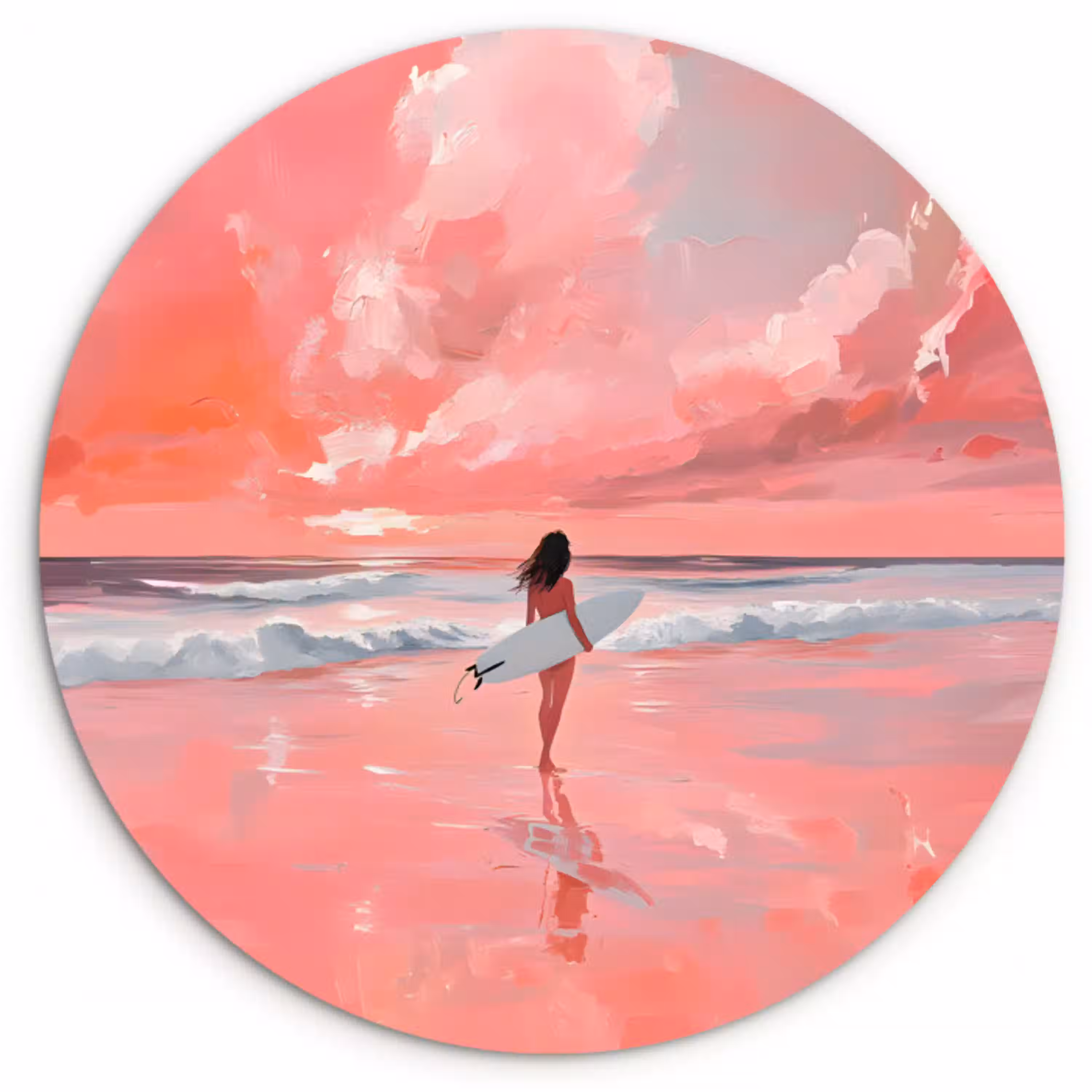 Roze - Surfen - Zee Wandcirkel kunststof plaat 5mm dik klein -3d